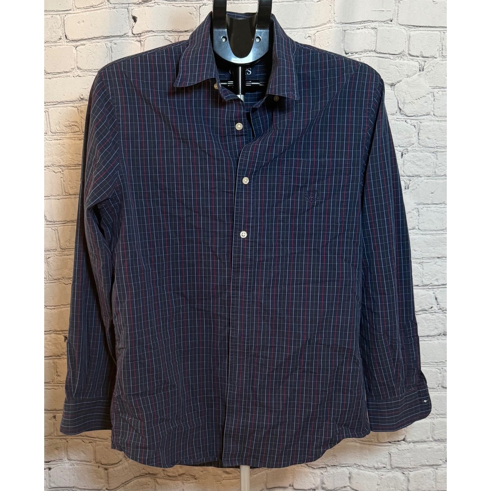 Chaps Mens Navy Blue Red Plaid Stretch Easy Care Long Sleeve Button Down Shirt M